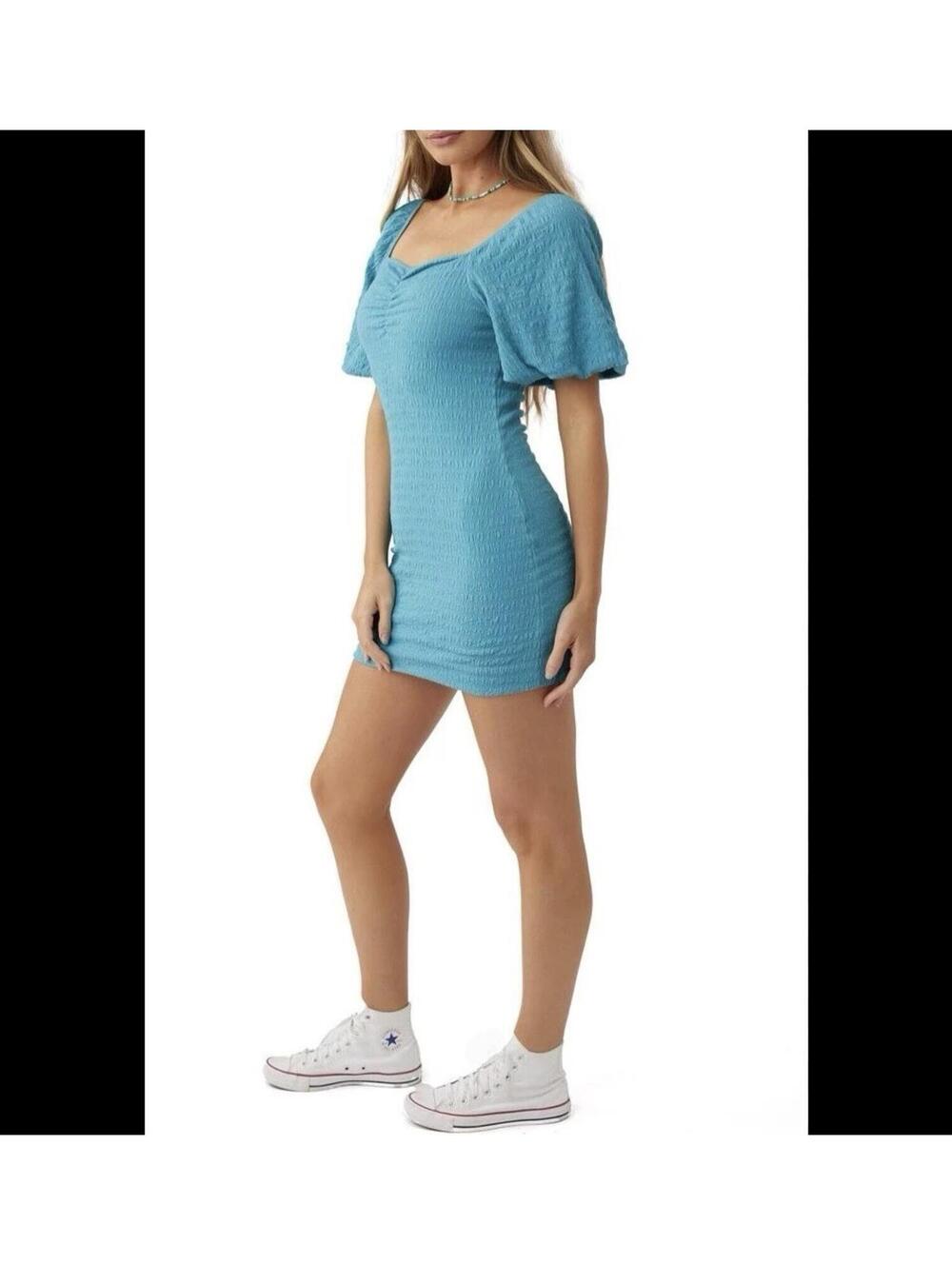 NWT O'Neill Teagan Dress L Womens Blue Smocked Puff Sleeve Ruched Textured Mini